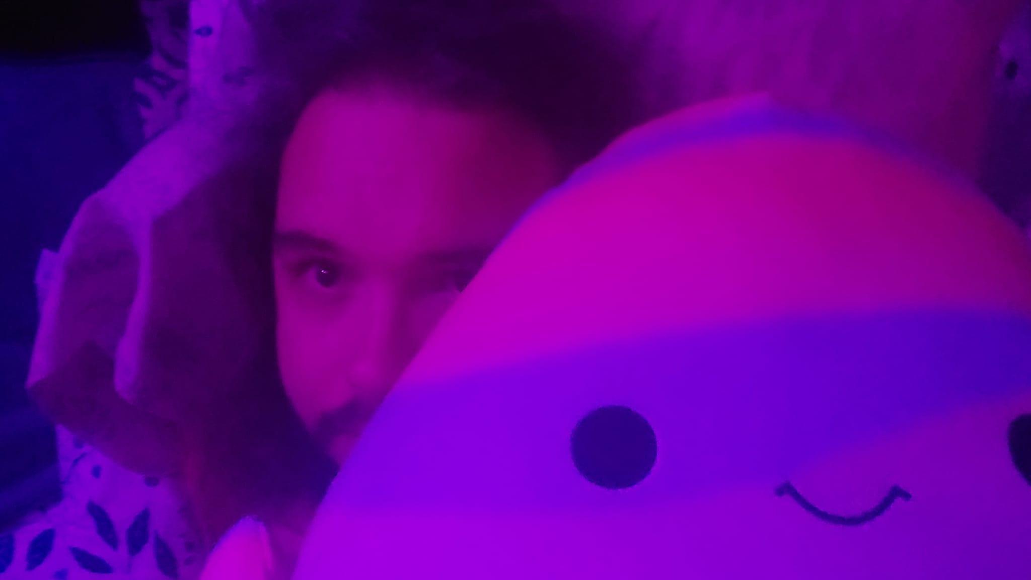 A man with green hair and a beard is laying in bed holding a large Squishmallow fish